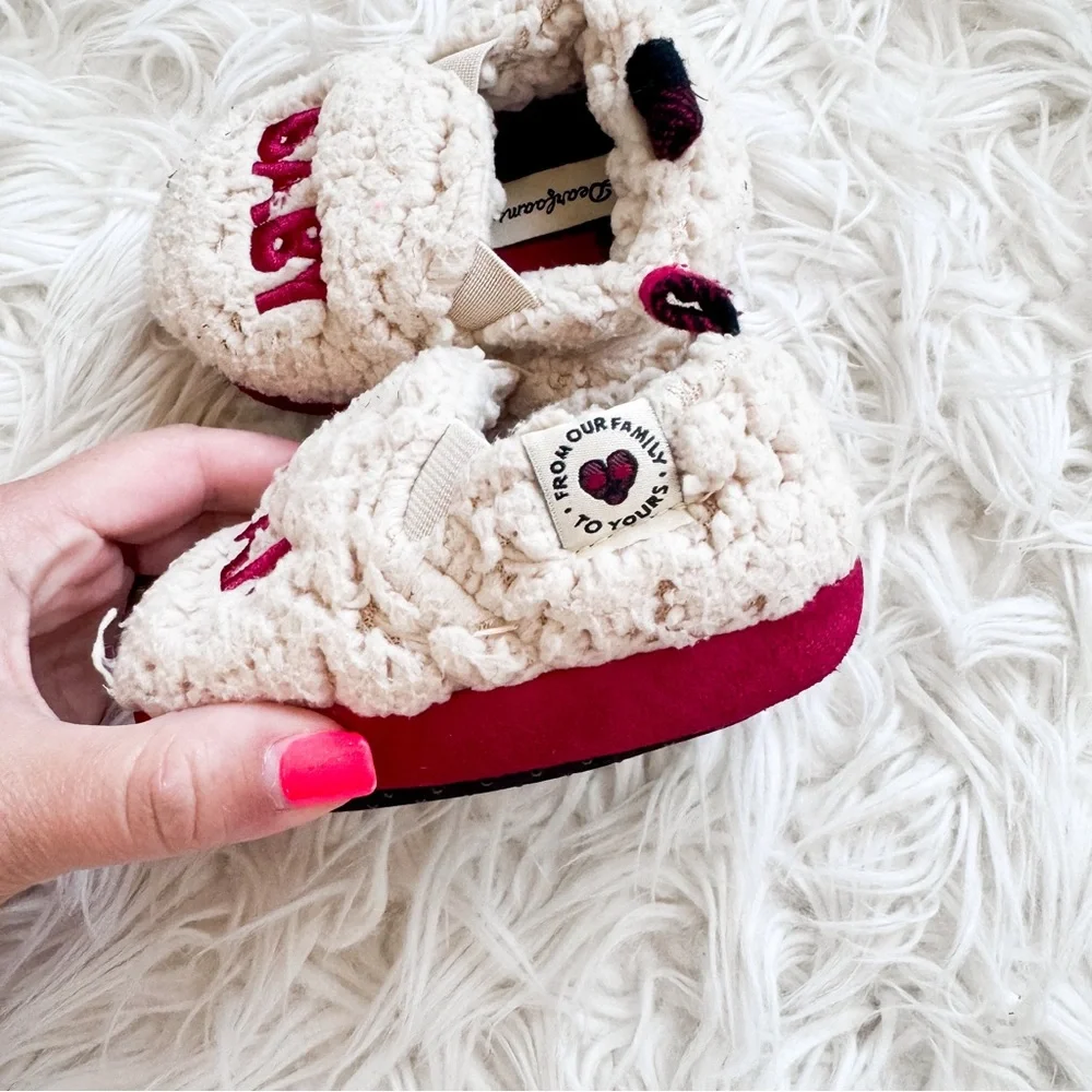 Dearfoams Baby Bear Fleece Slippers Red Cream 6-9M